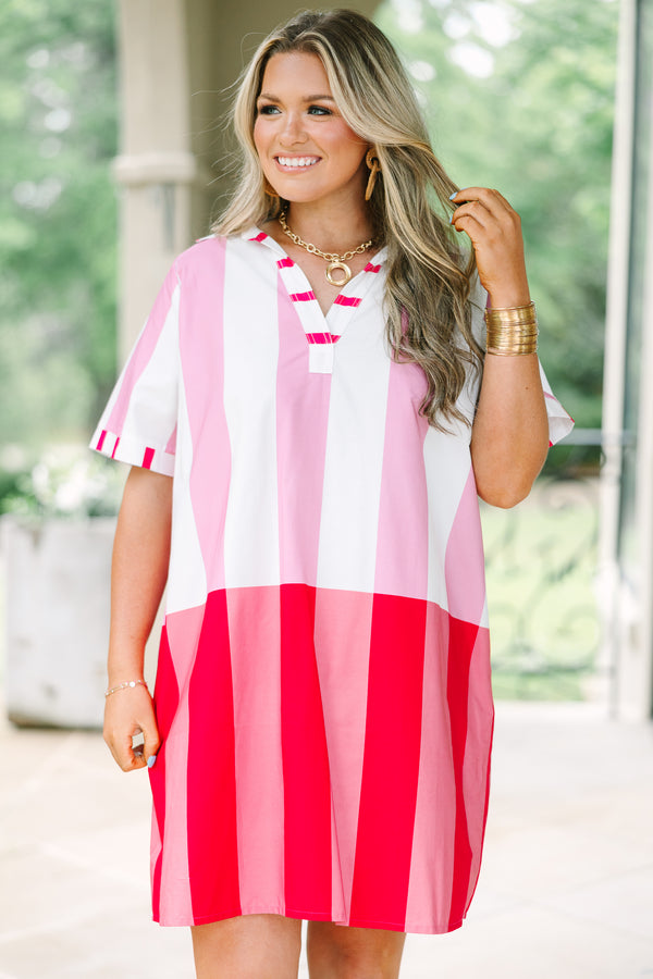 Plus Size pink, white, and red vertical striped cotton mini dress with a v-neck collar.
