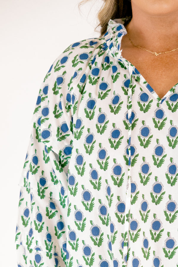 Chic Soul plus size clothing, white top with half bubble sleeves  slight v-neckline and a blue and green floral block pattern throughout