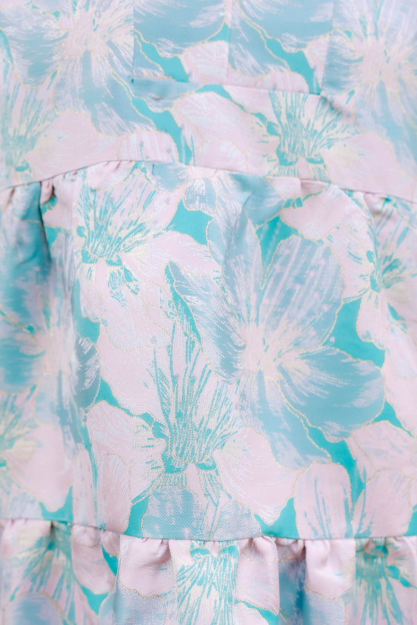 Chic Soul plus size clothing, green and pink floral print 3/4 sleeve tiered baby doll dress with v neck cutout and collar