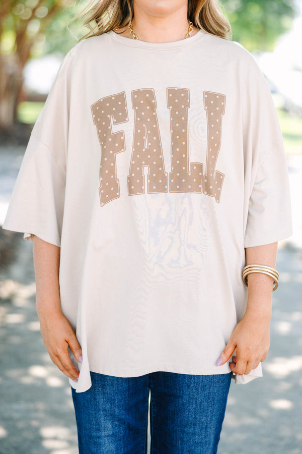 Plus size light mocha oversized boyfriend tee with polka dot 'FALL' lettering.
