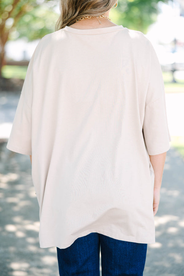 Plus size light mocha oversized boyfriend tee with polka dot 'FALL' lettering.