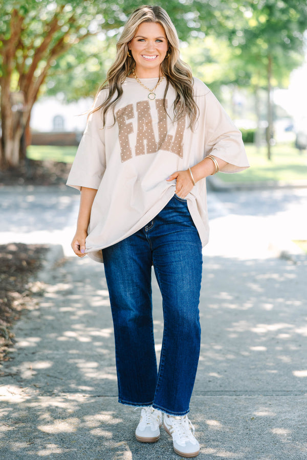 Plus size light mocha oversized boyfriend tee with polka dot 'FALL' lettering.