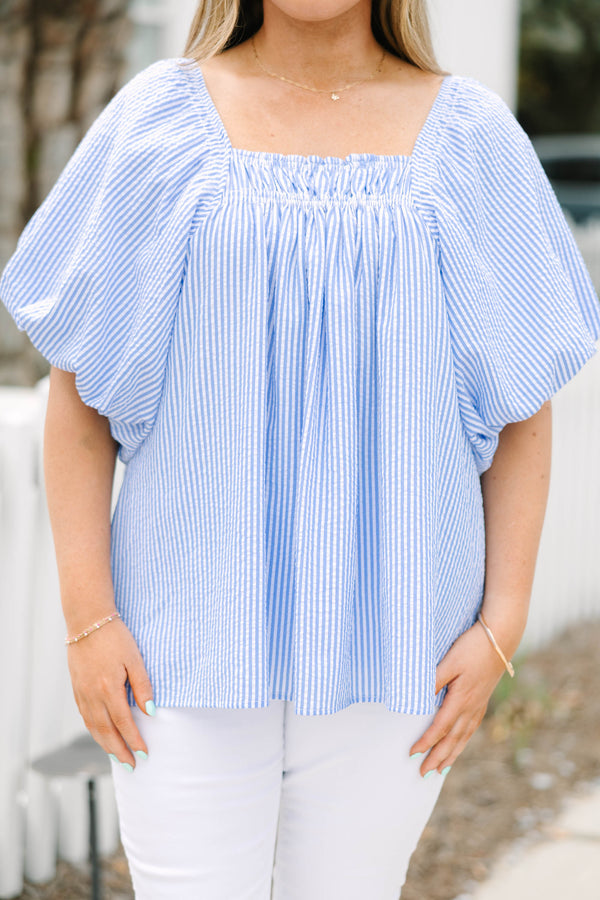 Chic Soul plus size clothing, blue and white pin stripe puff short sleeve top with square neckline