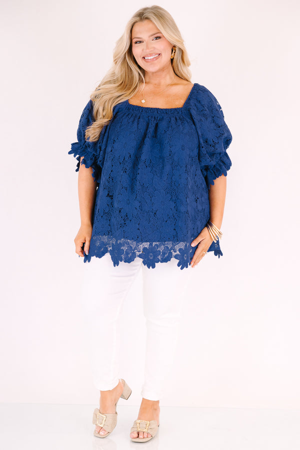 Chic Soul plus size clothing, nay lace textured square neck puff sleeve baby doll top