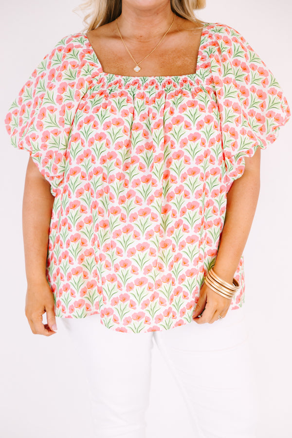 Chic Soul plus size clothing, pink top with bubble sleeves a square neckline as well as a pink floral pattern throughout 
