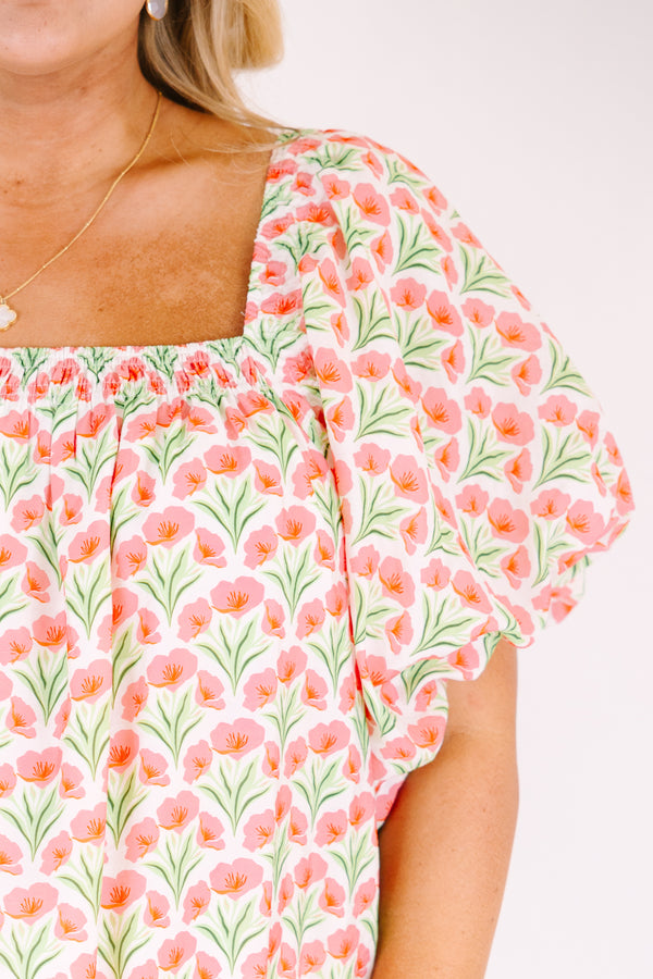 Chic Soul plus size clothing, pink top with bubble sleeves a square neckline as well as a pink floral pattern throughout 