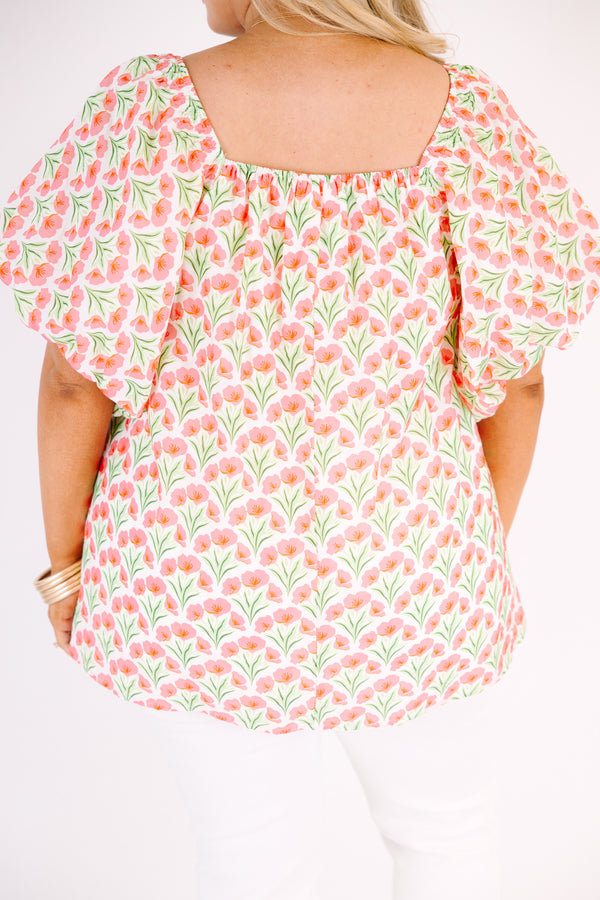 Chic Soul plus size clothing, pink top with bubble sleeves a square neckline as well as a pink floral pattern throughout 