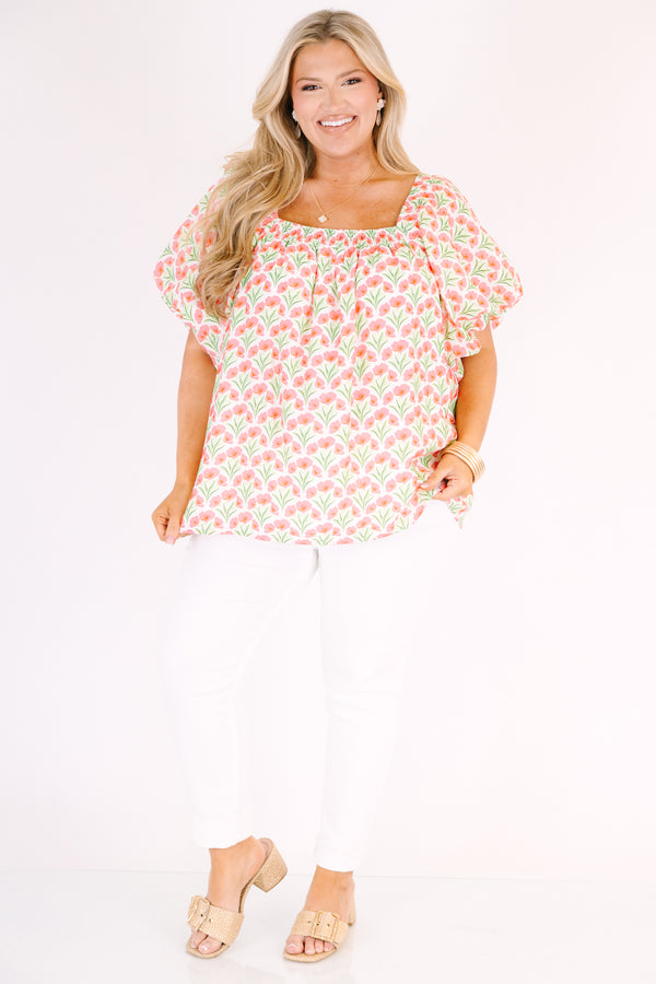 Chic Soul plus size clothing, pink top with bubble sleeves a square neckline as well as a pink floral pattern throughout 