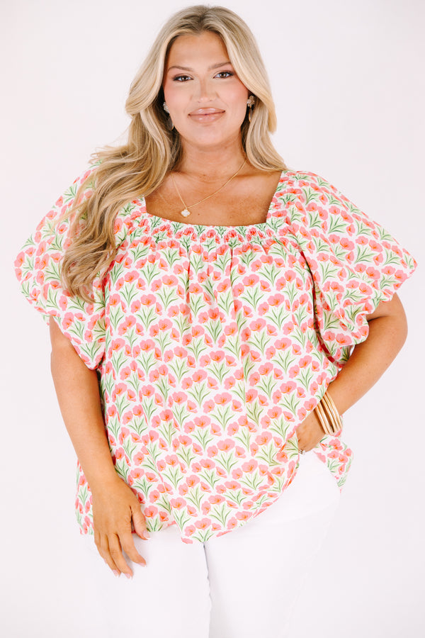 Chic Soul plus size clothing, pink top with bubble sleeves a square neckline as well as a pink floral pattern throughout 