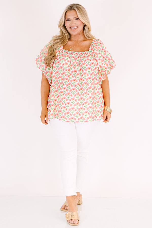 Chic Soul plus size clothing, pink top with bubble sleeves a square neckline as well as a pink floral pattern throughout 