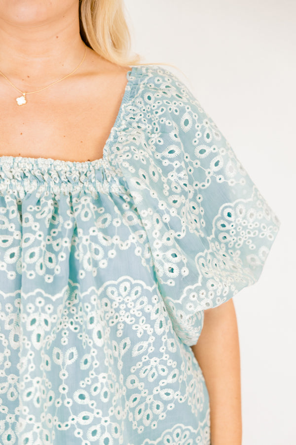 Chic Soul plus size clothing, teal eyelet baby doll top with short bell sleeves and a square neckline 