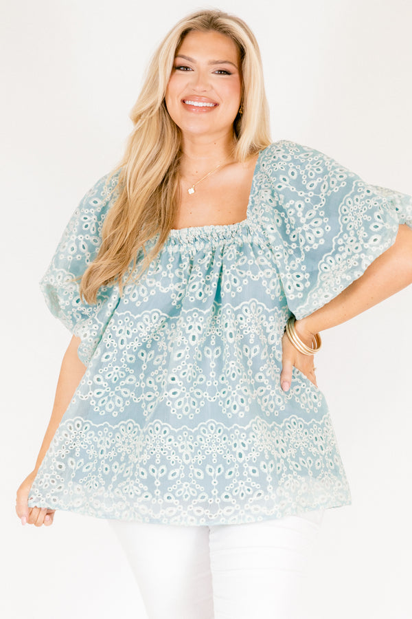 Chic Soul plus size clothing, teal eyelet baby doll top with short bell sleeves and a square neckline 