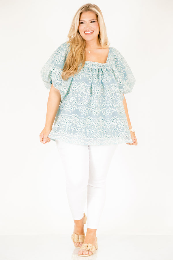 Chic Soul plus size clothing, teal eyelet baby doll top with short bell sleeves and a square neckline 