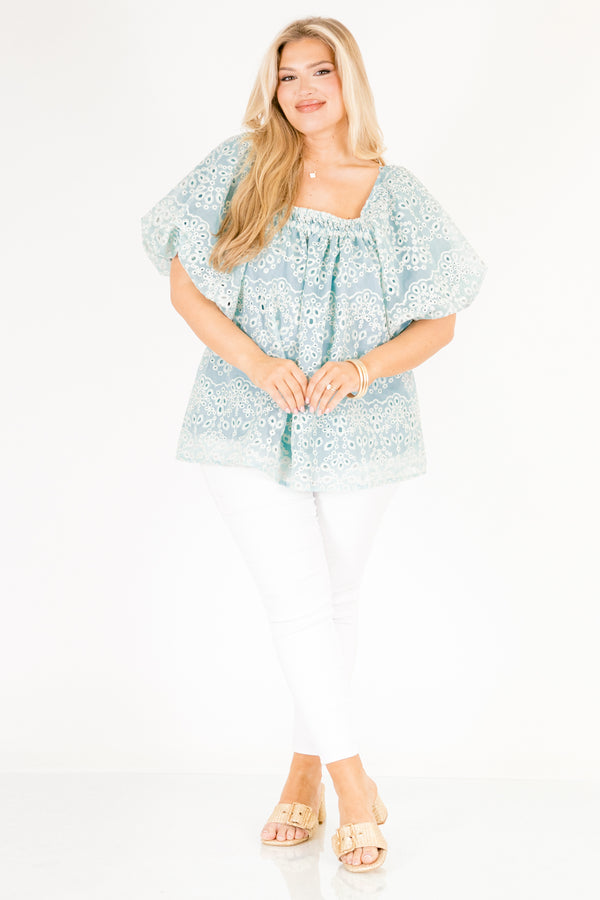 Chic Soul plus size clothing, teal eyelet baby doll top with short bell sleeves and a square neckline 