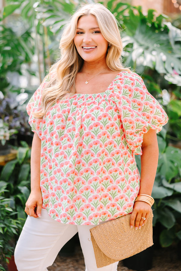 Chic Soul plus size clothing, pink top with bubble sleeves a square neckline as well as a pink floral pattern throughout 
