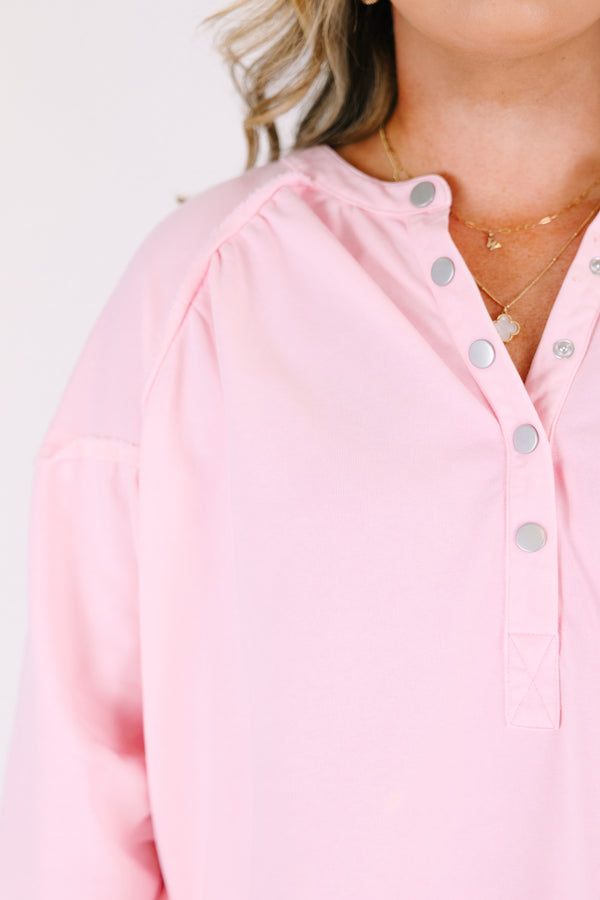 Chic Soul plus size clothing, light pink pullover with long bubble sleeves and buttons going down to the chest area 