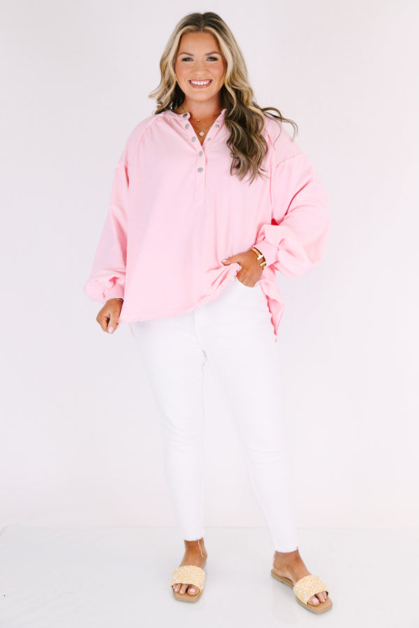 Chic Soul plus size clothing, light pink pullover with long bubble sleeves and buttons going down to the chest area 