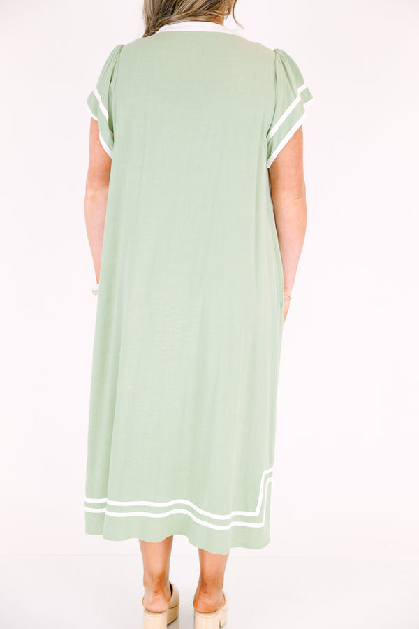 Chic Soul plus size clothing, sage maxi dress with white line designs outlining the bottom of the dress the end of the sleeves an a thick white strip outlining the v-neckline