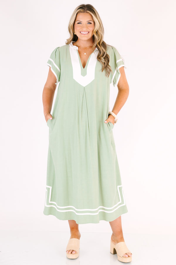 Chic Soul plus size clothing, sage maxi dress with white line designs outlining the bottom of the dress the end of the sleeves an a thick white strip outlining the v-neckline