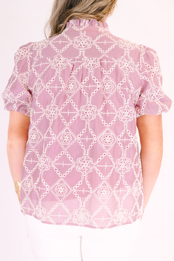Chic Soul plus size clothing, mauve  short-sleeve blouse with a relaxed, flowy fit, featuring eyelet geometric patterns and a ruffled split neckline with tie tassels