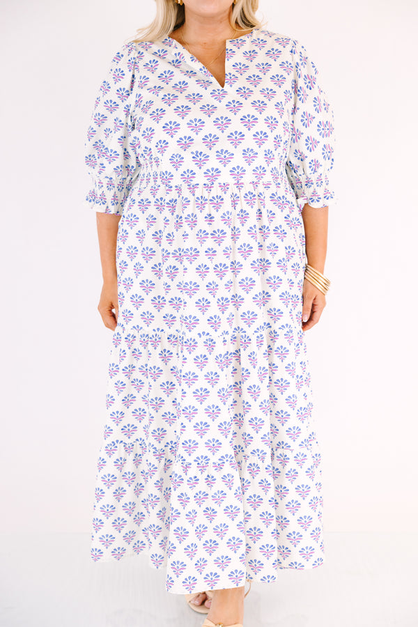 Chic Soul plus size clothing, white puff half sleeve tiered maxi dress with cinching and ruffles at the end of the sleeves, and a purple floral block print