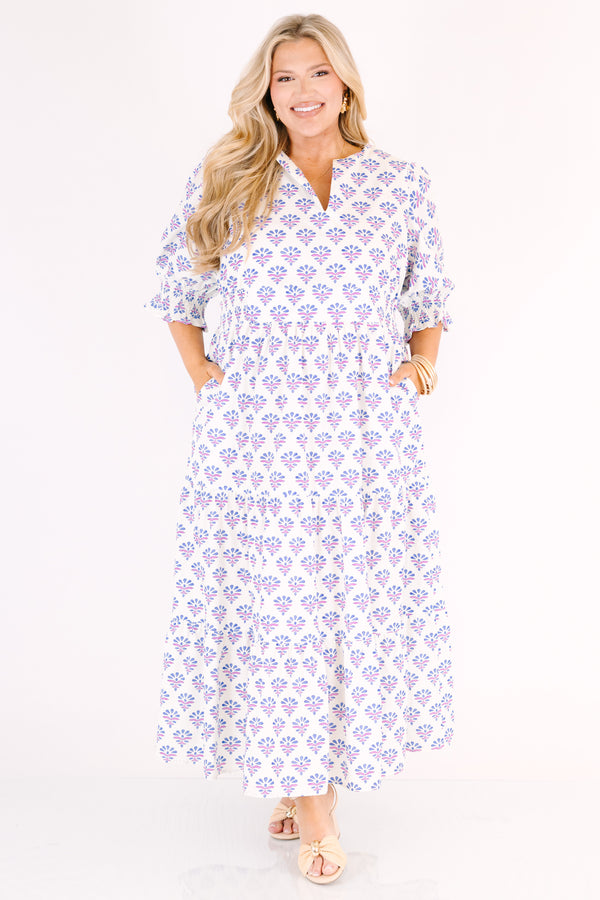 Chic Soul plus size clothing, white puff half sleeve tiered maxi dress with cinching and ruffles at the end of the sleeves, and a purple floral block print