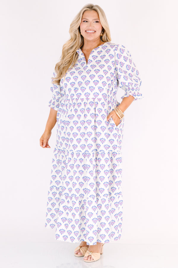 Chic Soul plus size clothing, white puff half sleeve tiered maxi dress with cinching and ruffles at the end of the sleeves, and a purple floral block print