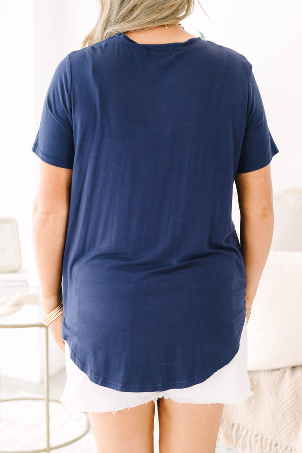 Short-sleeve navy blue crewneck tunic top with a relaxed fit and side splits.