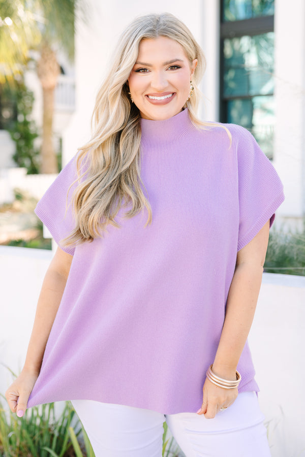 Plus Size purple mock neck sweater with short cap sleeves and a ribbed knit texture.