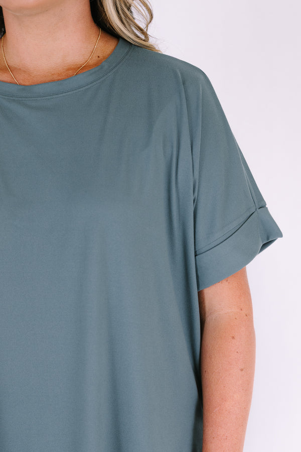 Plus Size ash jade short set with a round neck, high-low hem top and matching biker shorts.