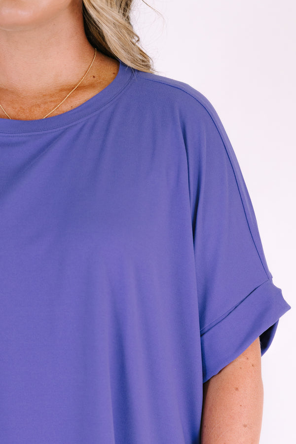 Plus Size marlin blue short set with a round neck high-low top and matching biker shorts.