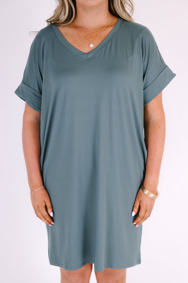 Plus Size ash jade v-neck dress with rolled short sleeves, a relaxed fit, and side pockets.