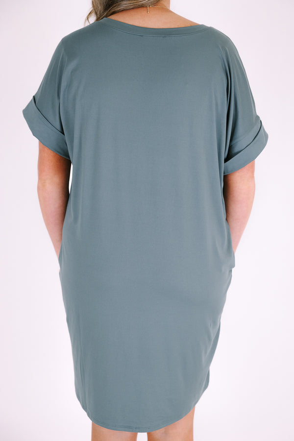 Plus Size ash jade v-neck dress with rolled short sleeves, a relaxed fit, and side pockets.