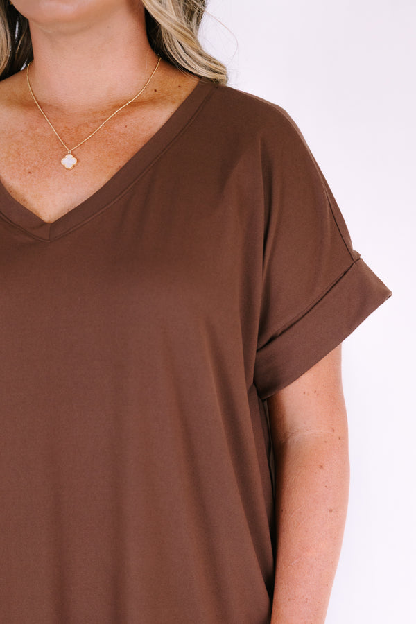 Plus Size brown v-neck dress featuring a relaxed fit, rolled short sleeves, and side pockets.