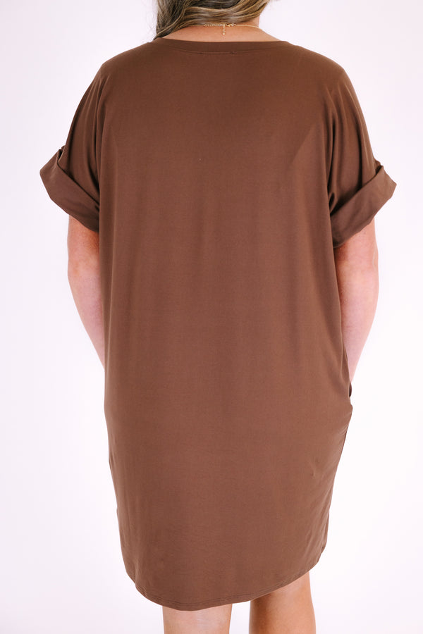 Plus Size brown v-neck dress featuring a relaxed fit, rolled short sleeves, and side pockets.