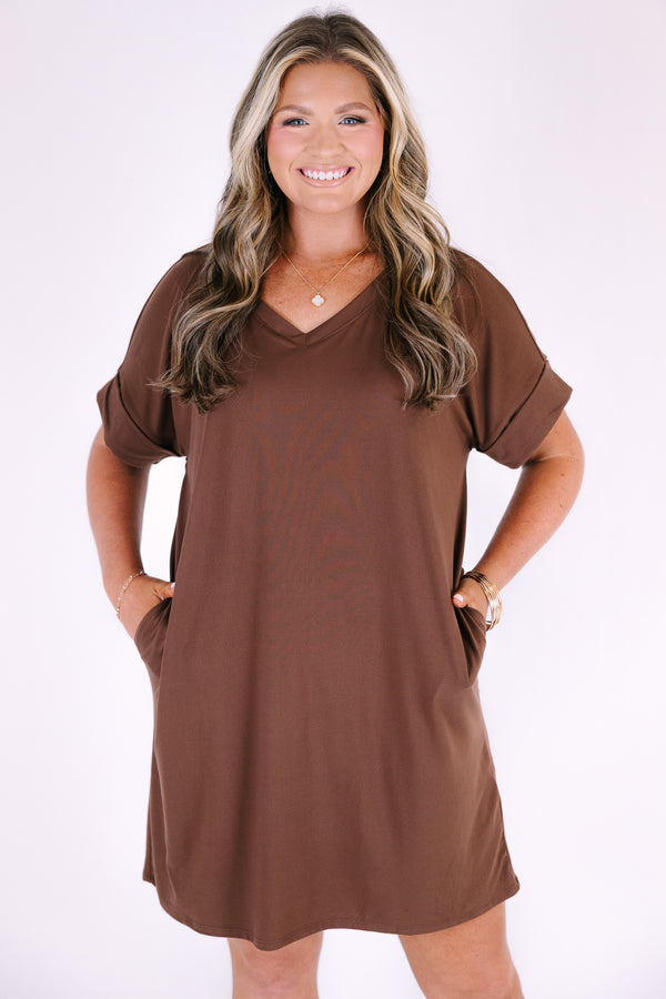 Plus Size brown v-neck dress featuring a relaxed fit, rolled short sleeves, and side pockets.
