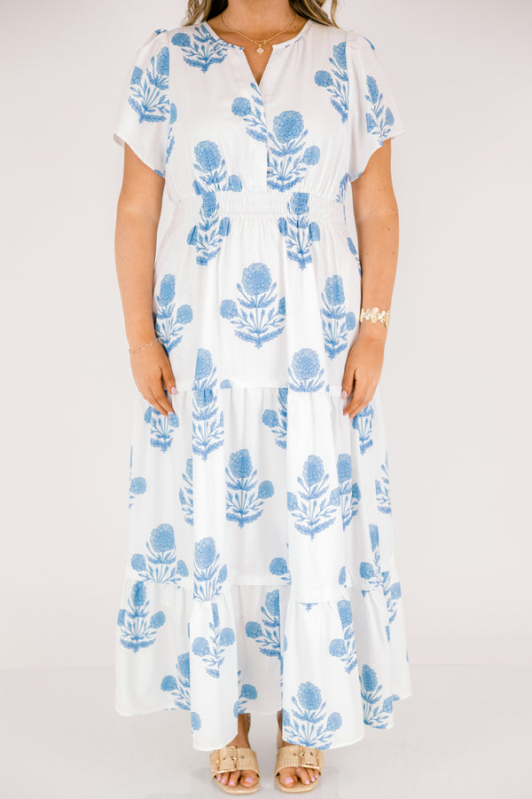Chic Soul plus size clothing, white and blue floral print short-sleeve cinched-waist tiered maxi dress with V-neck cutout 
