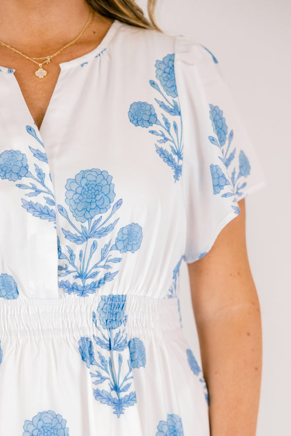 Chic Soul plus size clothing, white and blue floral print short-sleeve cinched-waist tiered maxi dress with V-neck cutout 
