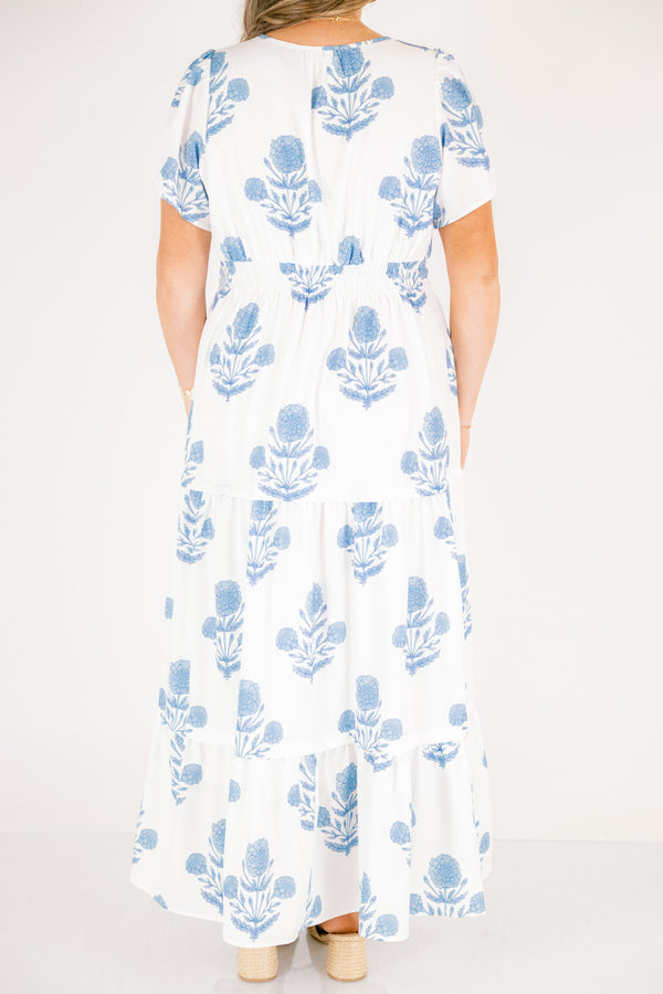 Chic Soul plus size clothing, white and blue floral print short-sleeve cinched-waist tiered maxi dress with V-neck cutout 
