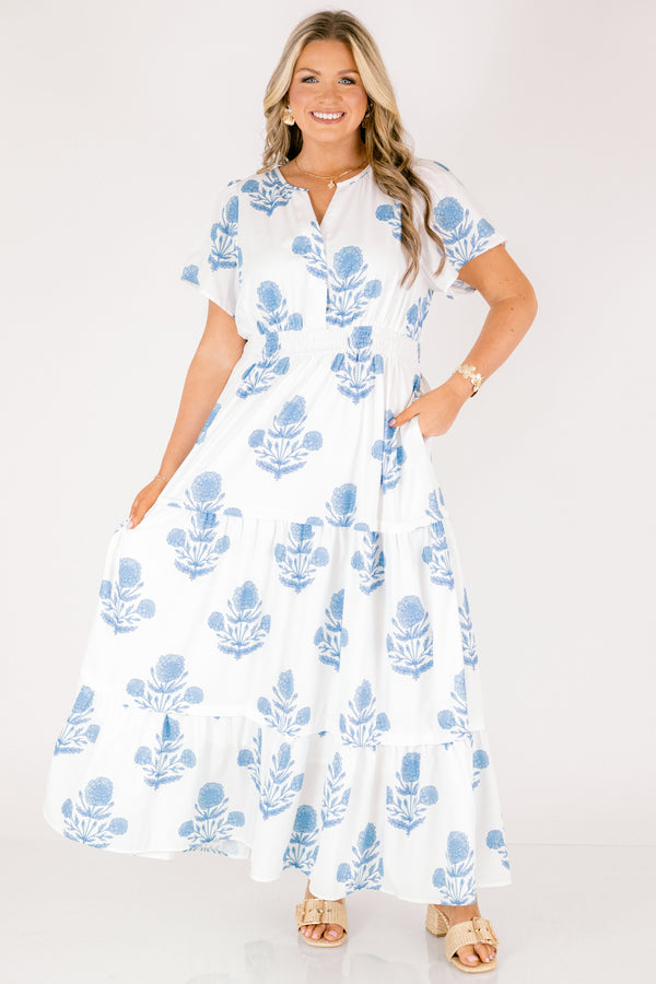 Chic Soul plus size clothing, white and blue floral print short-sleeve cinched-waist tiered maxi dress with V-neck cutout 
