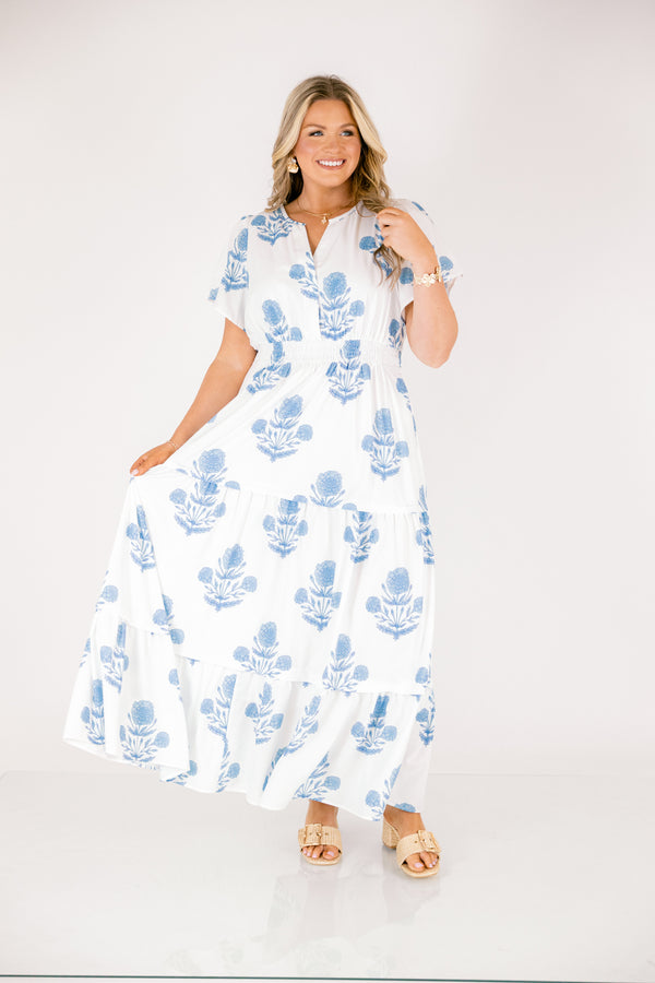 Chic Soul plus size clothing, white and blue floral print short-sleeve cinched-waist tiered maxi dress with V-neck cutout 
