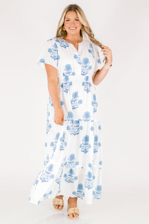 Chic Soul plus size clothing, white and blue floral print short-sleeve cinched-waist tiered maxi dress with V-neck cutout 
