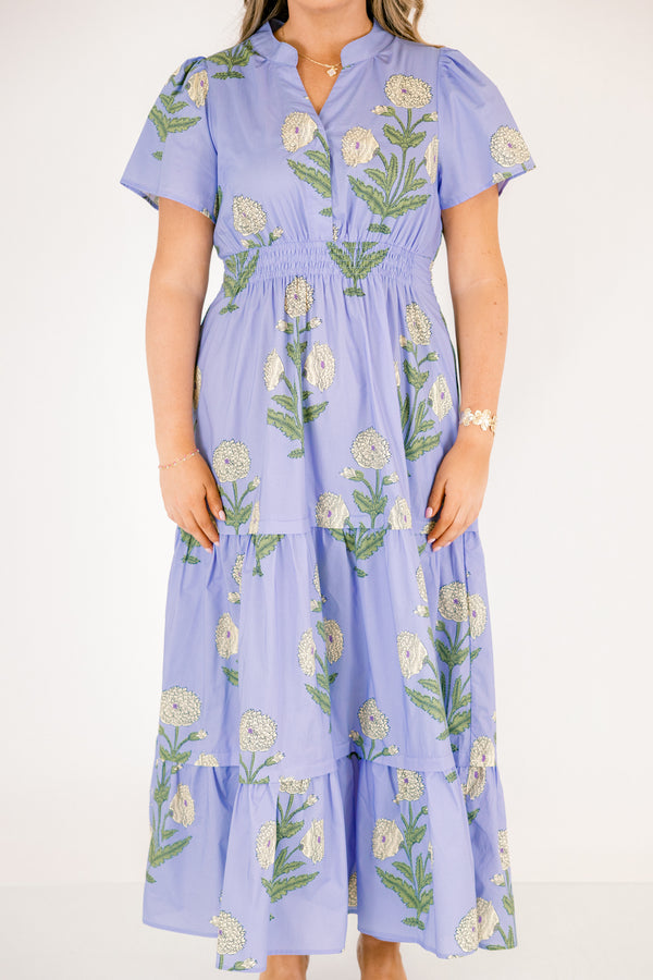 Chic Soul plus size clothing, steel blue short-flutter sleeve shallow v-neck tiered maxi dress with cream floral pattern and defined waist