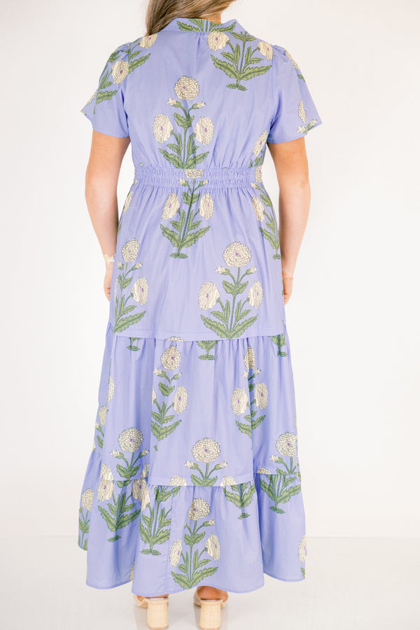 Chic Soul plus size clothing, steel blue short-flutter sleeve shallow v-neck tiered maxi dress with cream floral pattern and defined waist