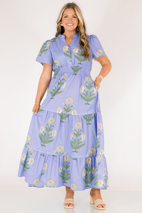 Chic Soul plus size clothing, steel blue short-flutter sleeve shallow v-neck tiered maxi dress with cream floral pattern and defined waist