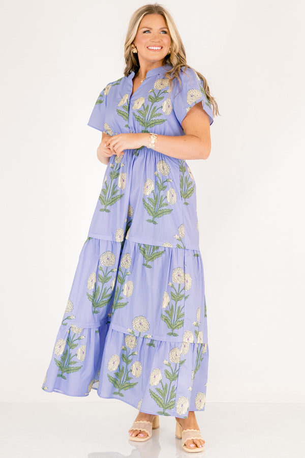 Chic Soul plus size clothing, steel blue short-flutter sleeve shallow v-neck tiered maxi dress with cream floral pattern and defined waist