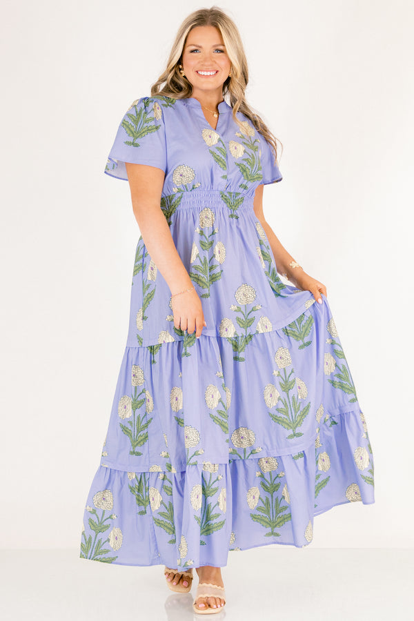Chic Soul plus size clothing, steel blue short-flutter sleeve shallow v-neck tiered maxi dress with cream floral pattern and defined waist
