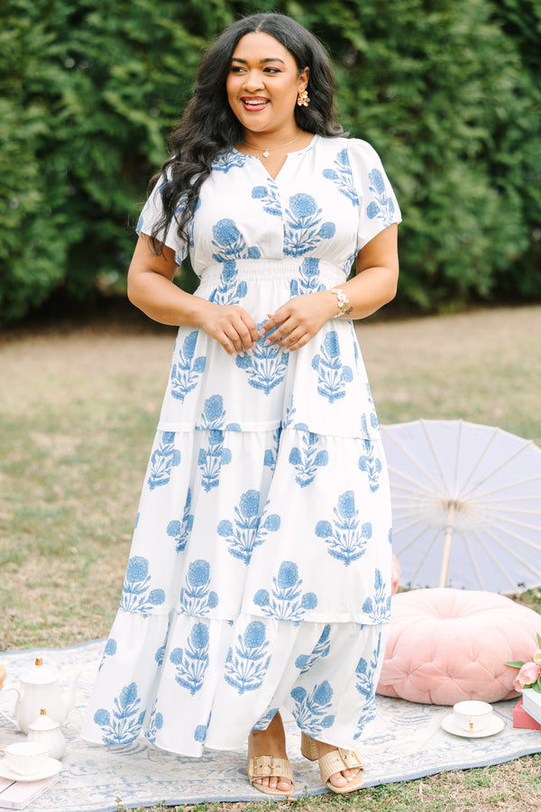 Chic Soul plus size clothing, white and blue floral print short-sleeve cinched-waist tiered maxi dress with V-neck cutout 
