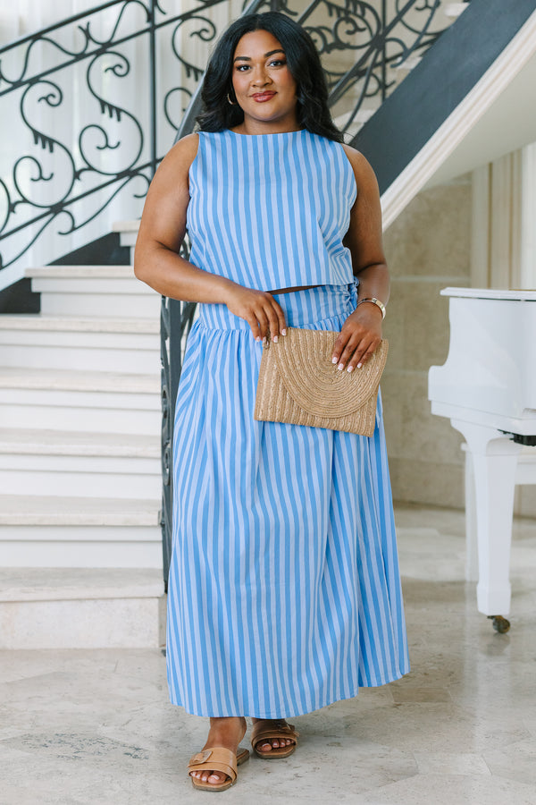 Plus Size blue and white vertical striped sleeveless crop top with a high neckline.