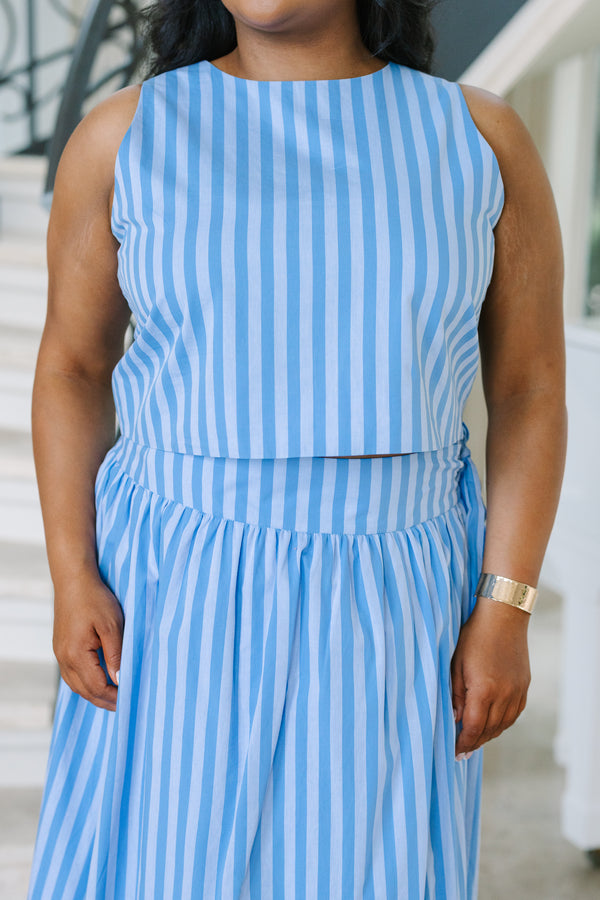 Plus Size blue and white vertical striped sleeveless crop top with a high neckline.
